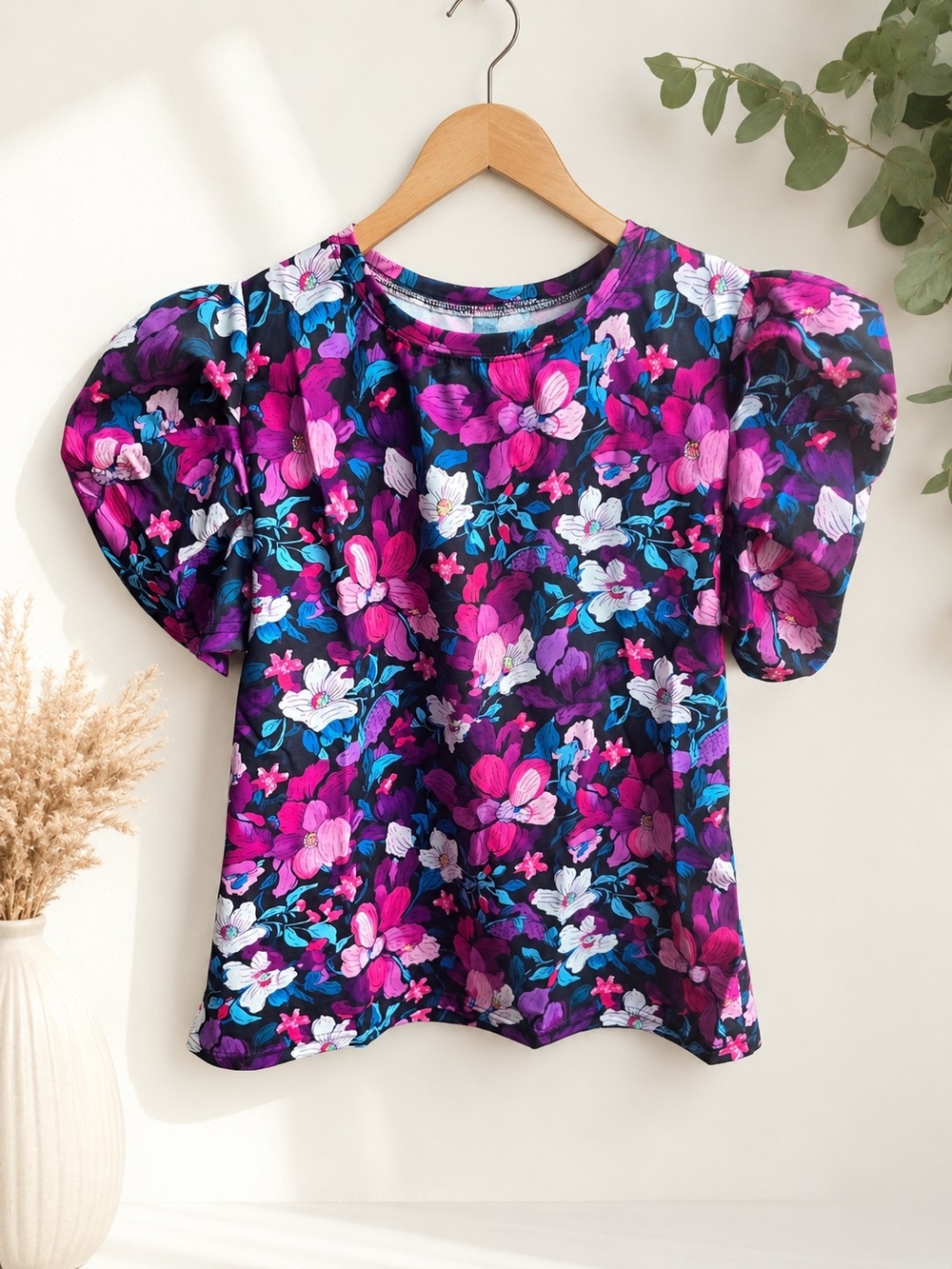 SHEIN Floral Puff-Sleeve Top in Magenta, Purple & Blue